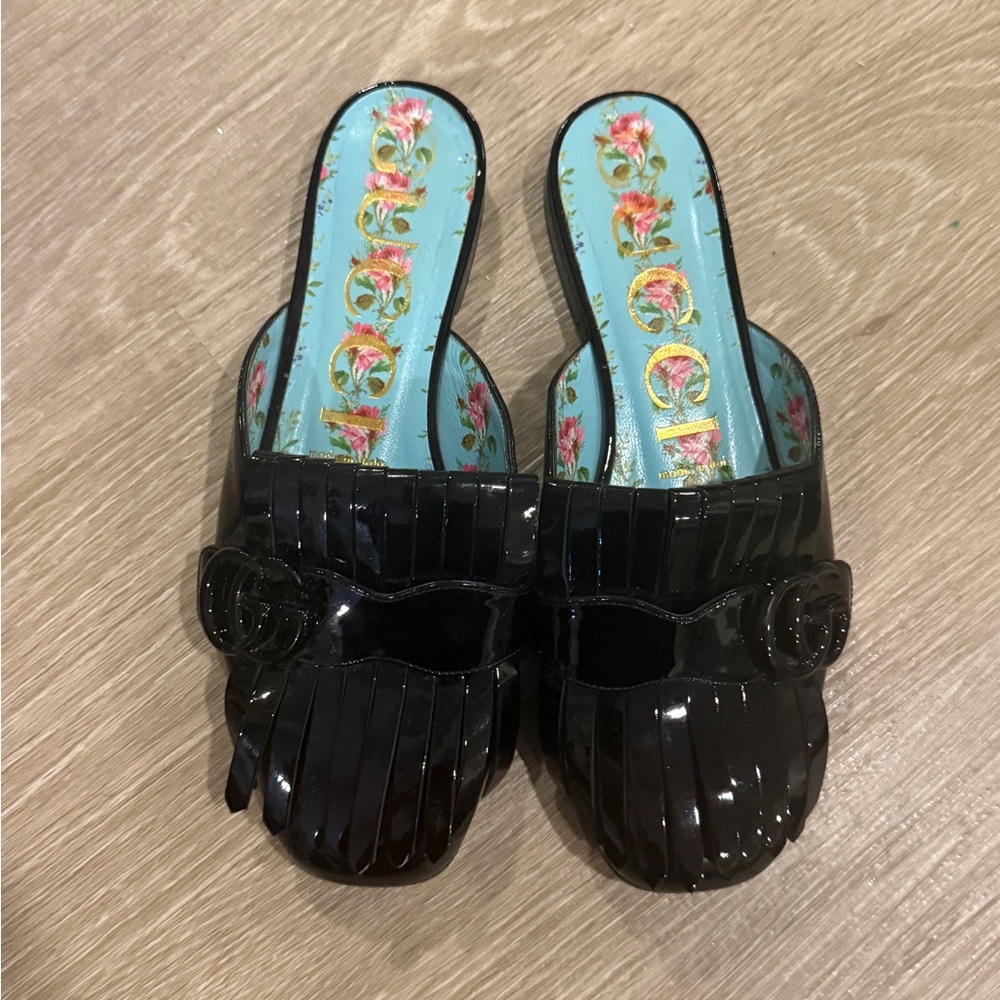 Gucci Marmont Black Patent Leather Fringe Mules 🖤